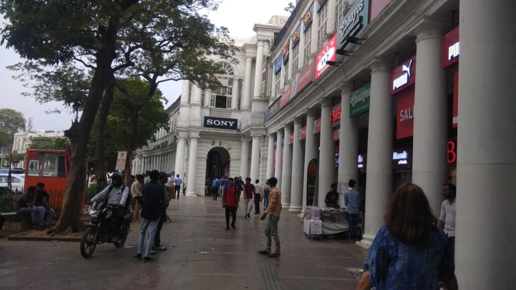 Connaught Place white pillar corridor. 