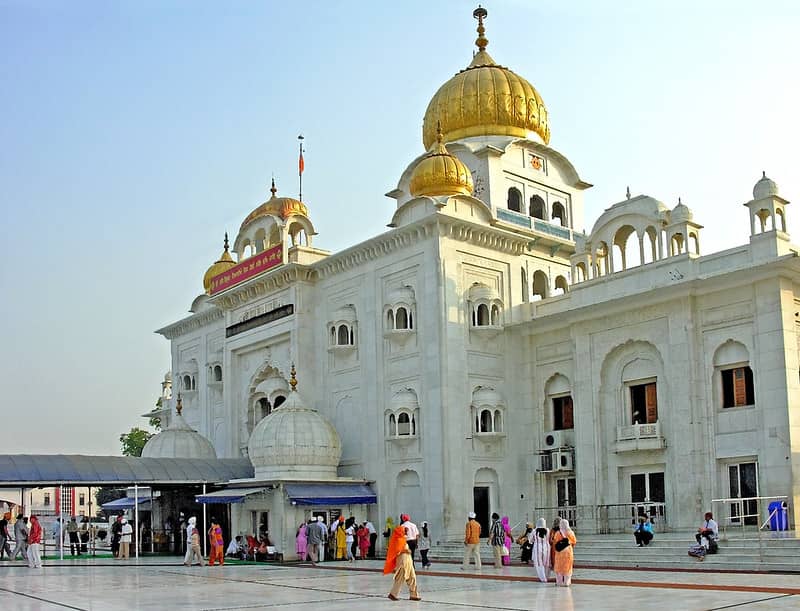 Bangla Sahib Gurudwara made of white marble with golden dome.