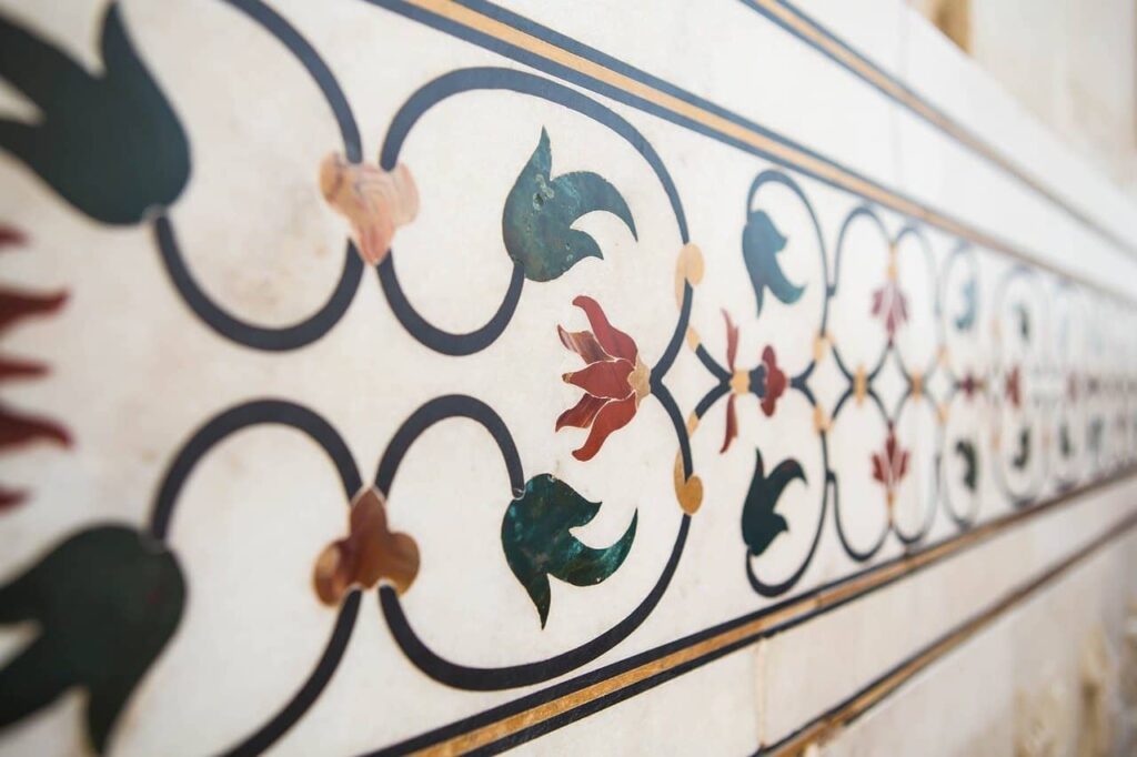Flower decoration made of marble Inside Taj Mahal.