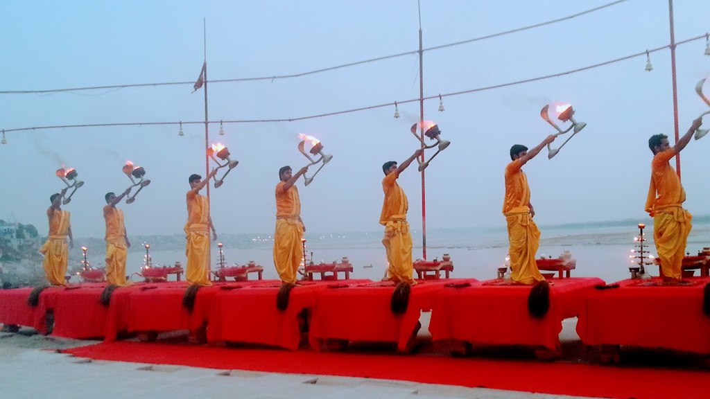 Morning Aarti performed by the monks at Assi Ghat Varanasi.