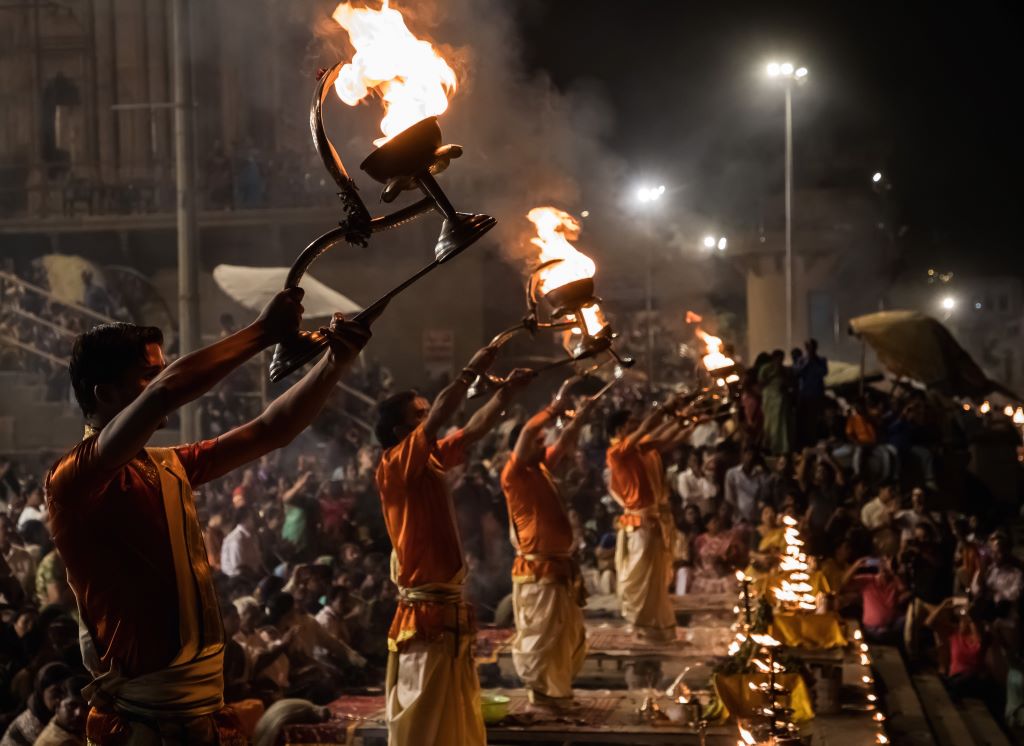 Evening Aarti at Dashashwmedh Ghat in Varanasi. Monks are performing rituals in traditional Dress. One of the best things to do in Varansi in 2 days